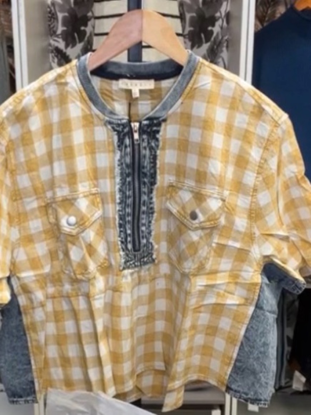 Promesa Yellow & White Checked Blouse with Denim Trim